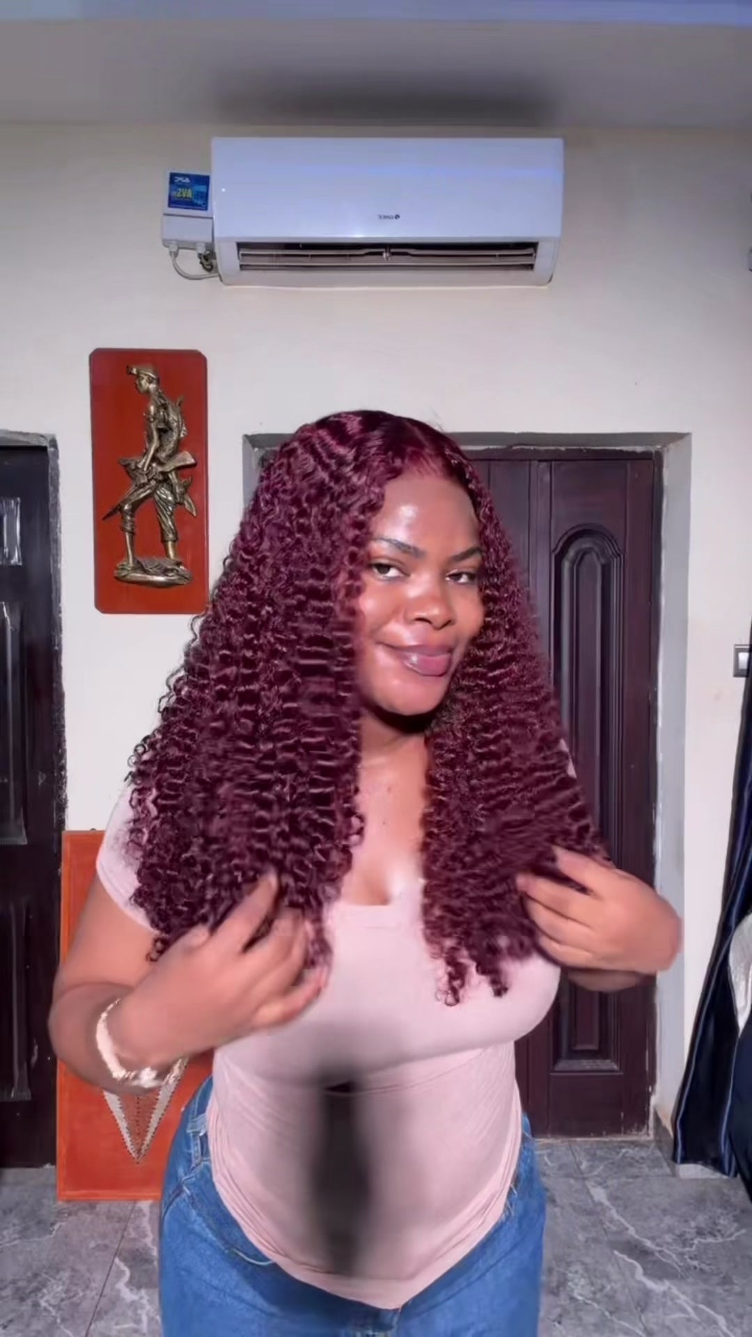 Burgundy Super Curls paired with 6by6 Swiss Lace